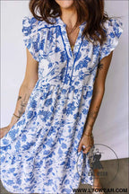 Blue Ruffled Short Sleeve Tiered Floral Midi Dress