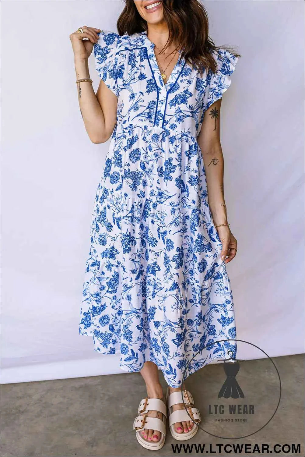 Blue Ruffled Short Sleeve Tiered Floral Midi Dress