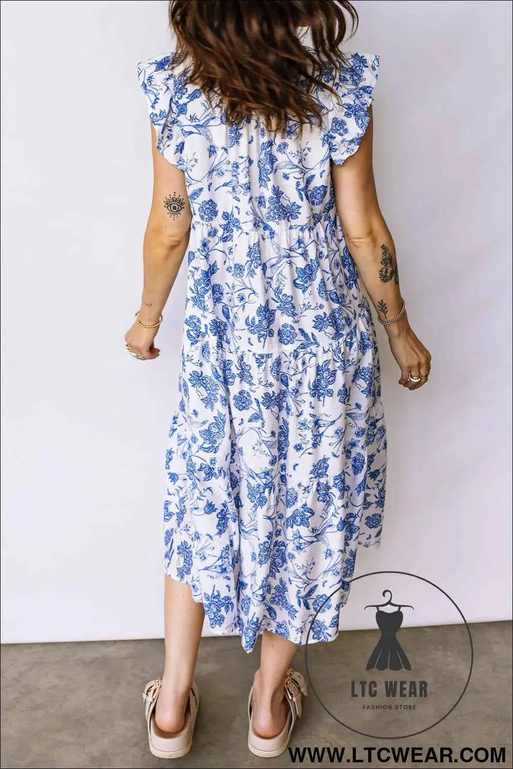 Blue Ruffled Short Sleeve Tiered Floral Midi Dress