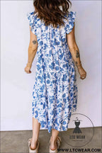 Blue Ruffled Short Sleeve Tiered Floral Midi Dress