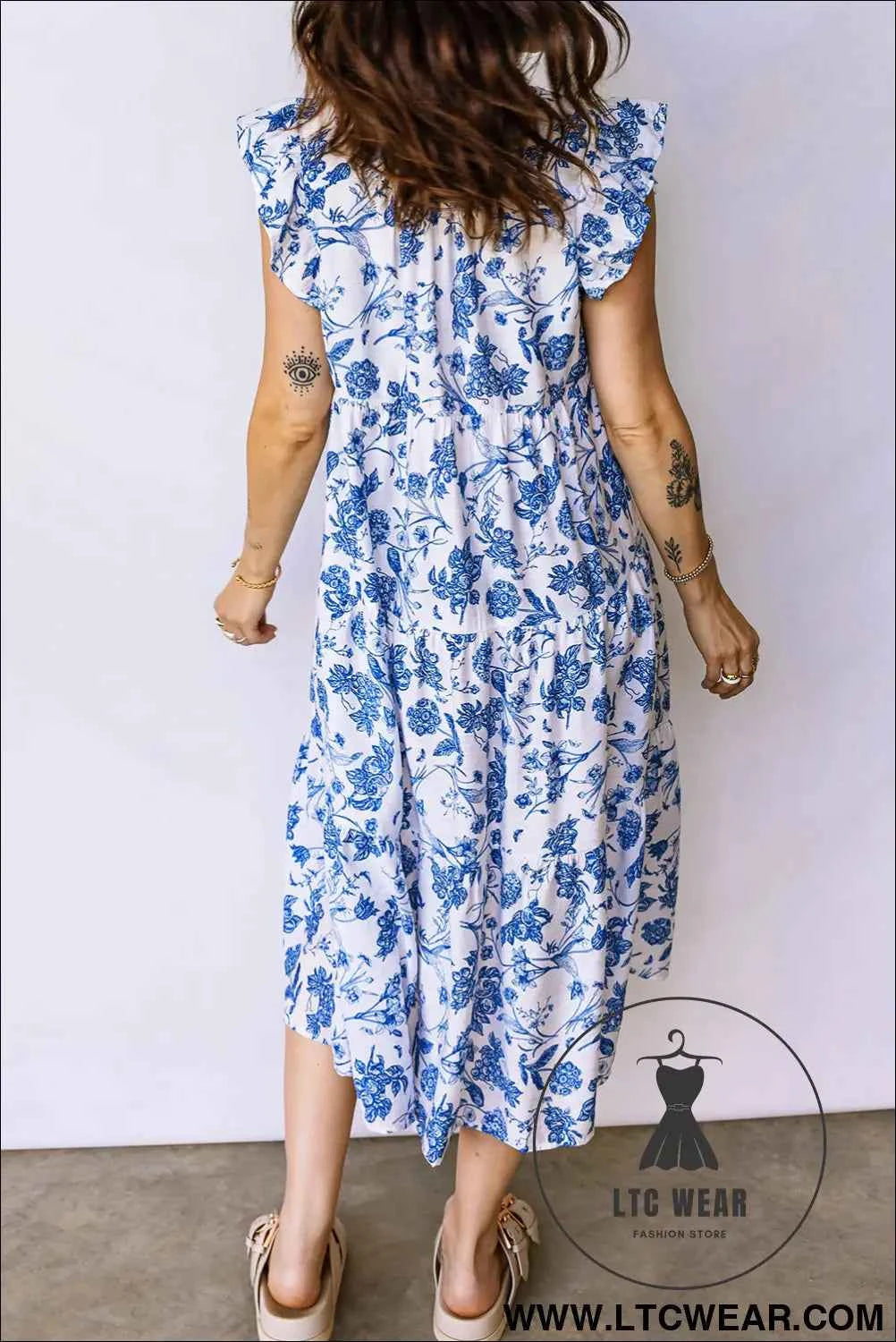 Blue Ruffled Short Sleeve Tiered Floral Midi Dress
