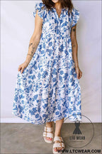 Blue Ruffled Short Sleeve Tiered Floral Midi Dress