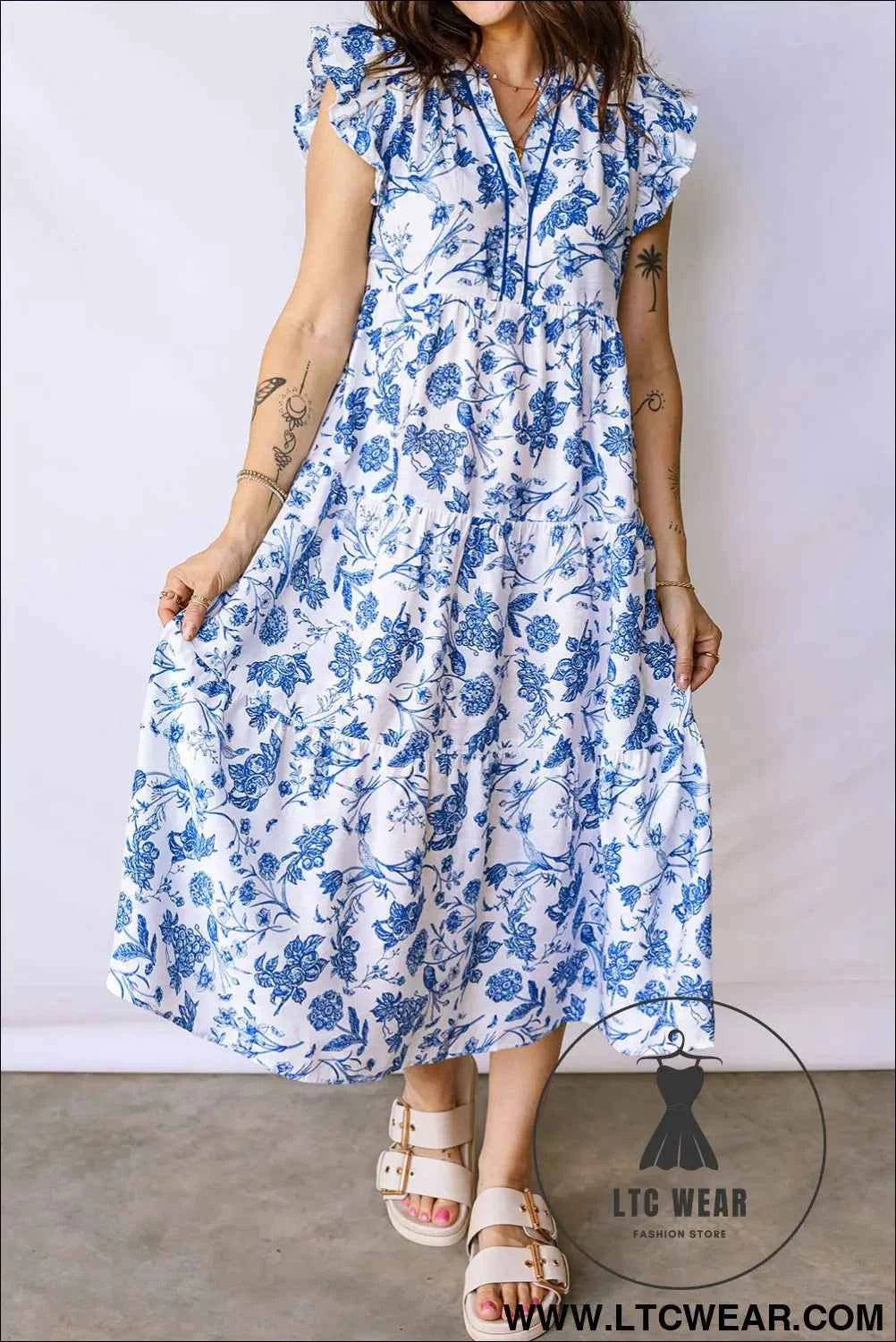 Blue Ruffled Short Sleeve Tiered Floral Midi Dress