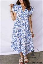 Blue Ruffled Short Sleeve Tiered Floral Midi Dress
