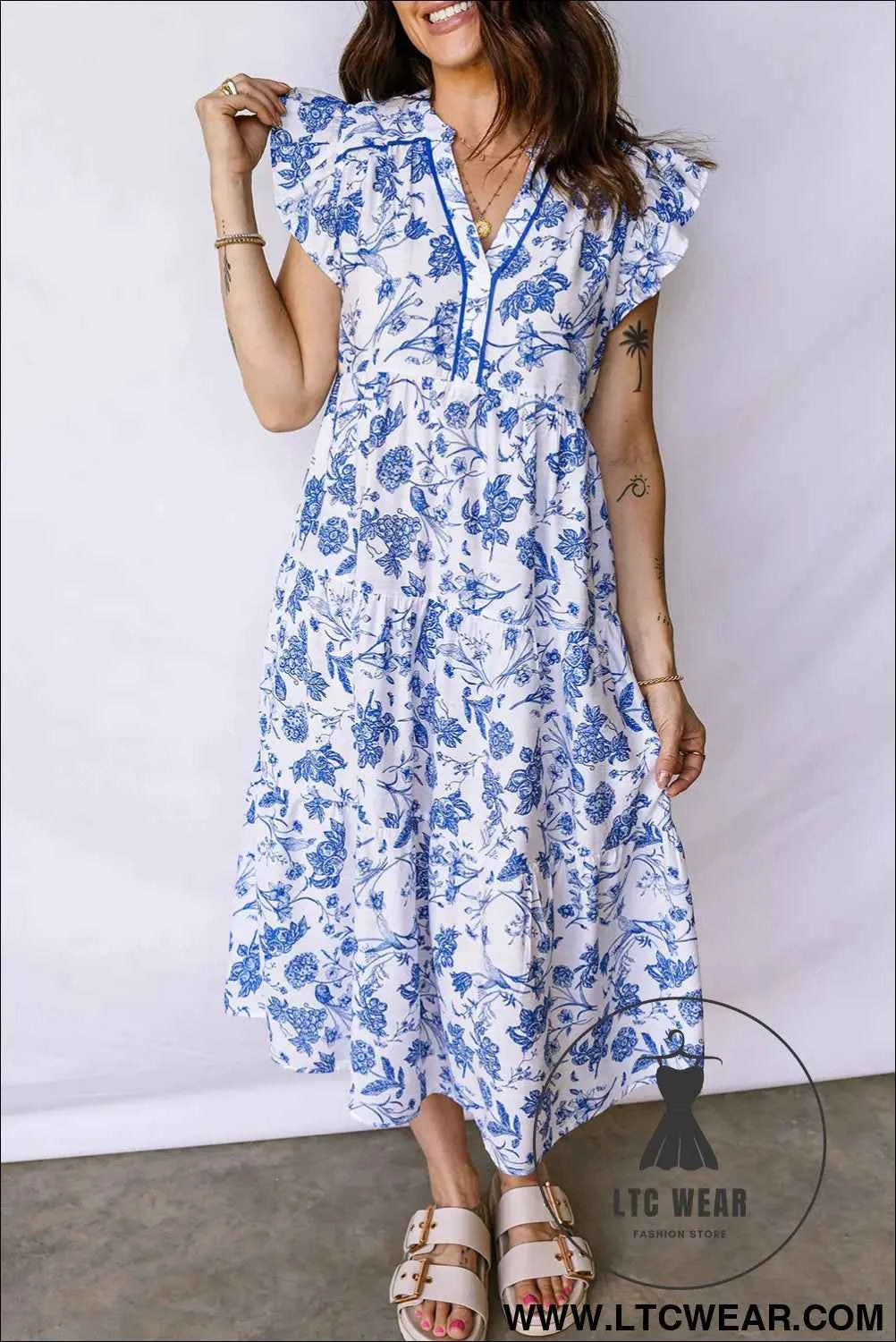 Blue Ruffled Short Sleeve Tiered Floral Midi Dress