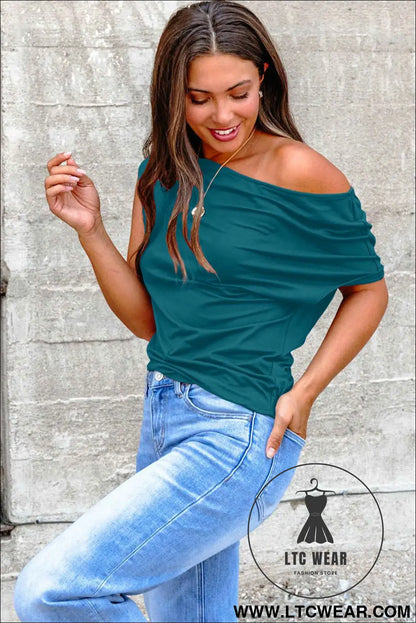 Blue Sapphire Plus Size Solid Color Asymmetric Neck Short Sleeve Blouse