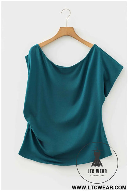 Blue Sapphire Plus Size Solid Color Asymmetric Neck Short Sleeve Blouse