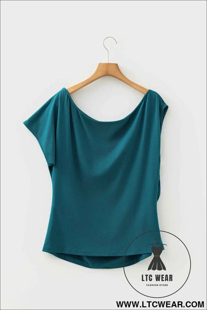 Blue Sapphire Plus Size Solid Color Asymmetric Neck Short Sleeve Blouse