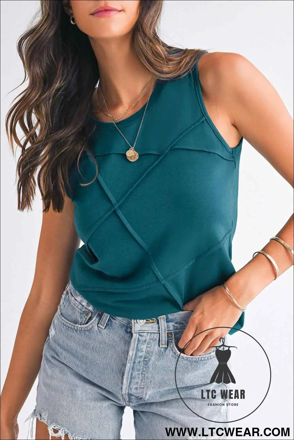 Blue Sapphire Solid Color Stitching Detail Round Neck Tank Top