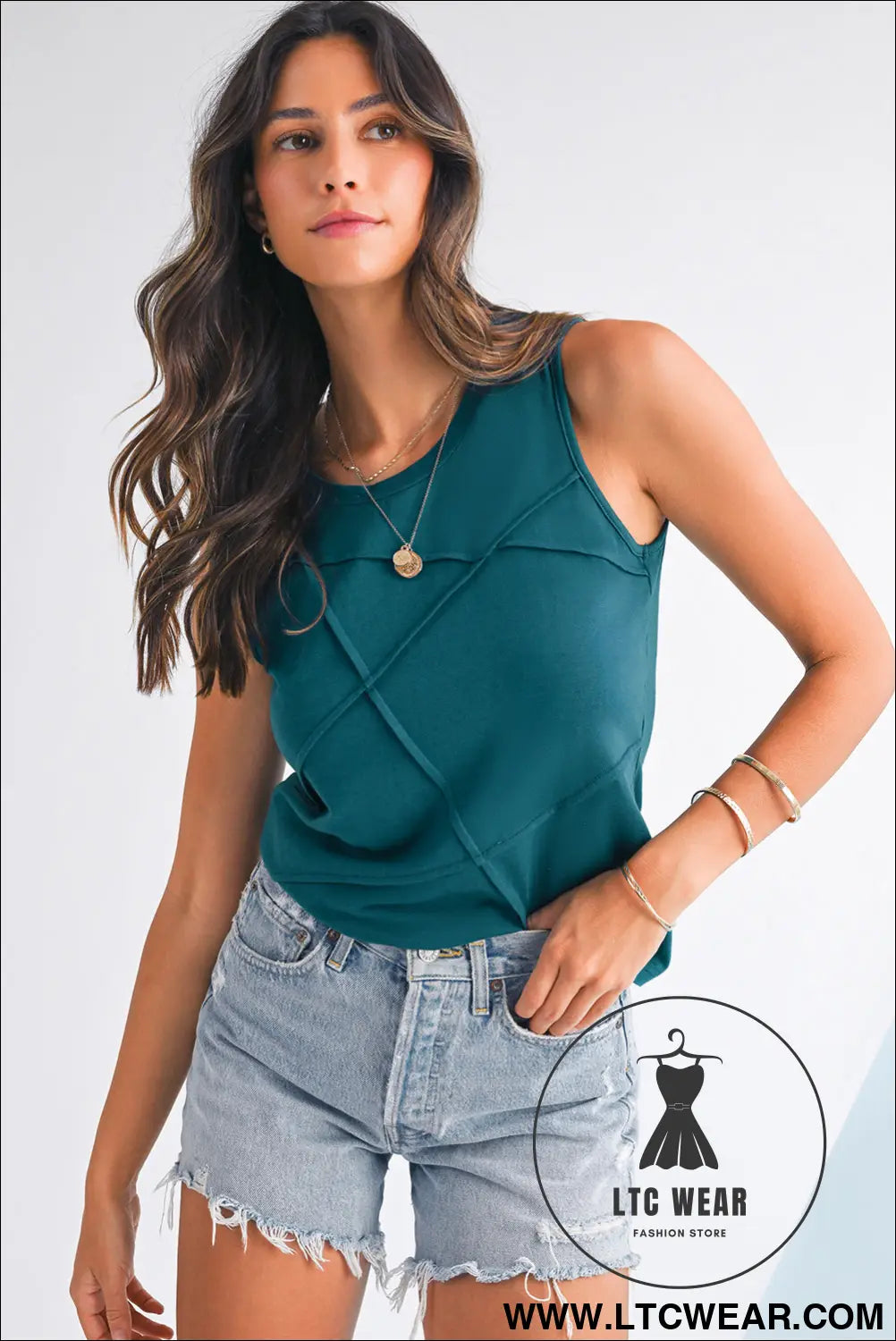 Blue Sapphire Solid Color Stitching Detail Round Neck Tank Top - L.T.C Wear Online Fashion Store