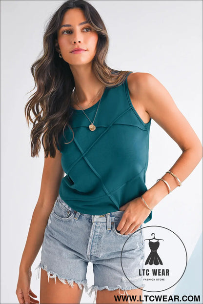 Blue Sapphire Solid Color Stitching Detail Round Neck Tank Top - L.T.C Wear Online Fashion Store