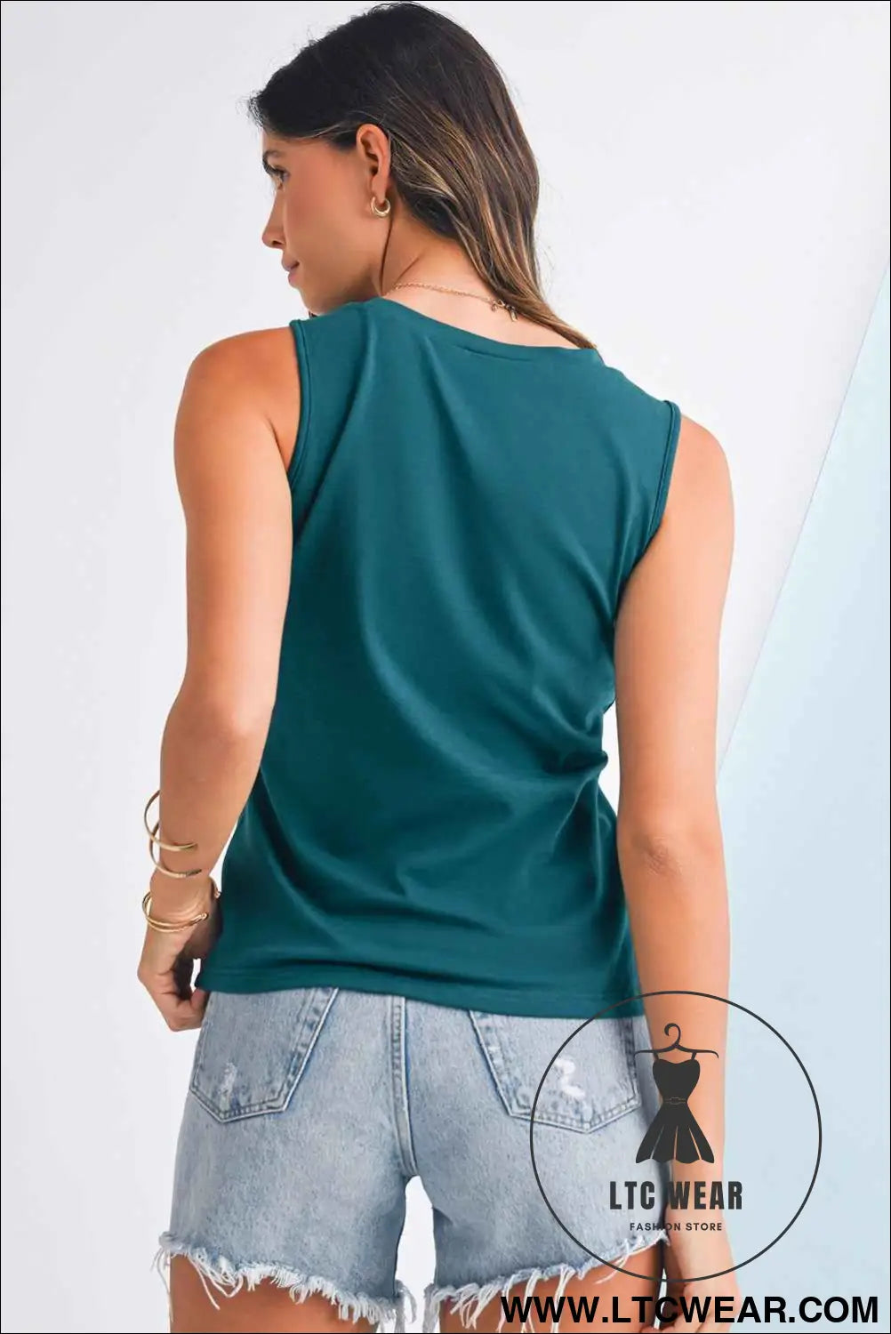Blue Sapphire Solid Color Stitching Detail Round Neck Tank Top