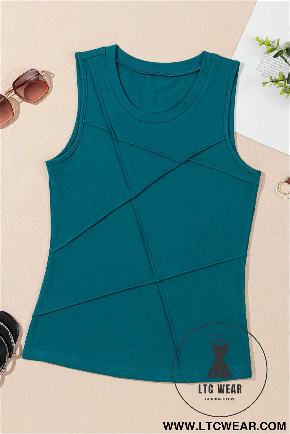 Blue Sapphire Solid Color Stitching Detail Round Neck Tank Top - L.T.C Wear Online Fashion Store