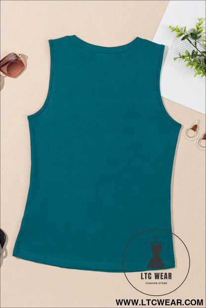 Blue Sapphire Solid Color Stitching Detail Round Neck Tank Top - L.T.C Wear Online Fashion Store