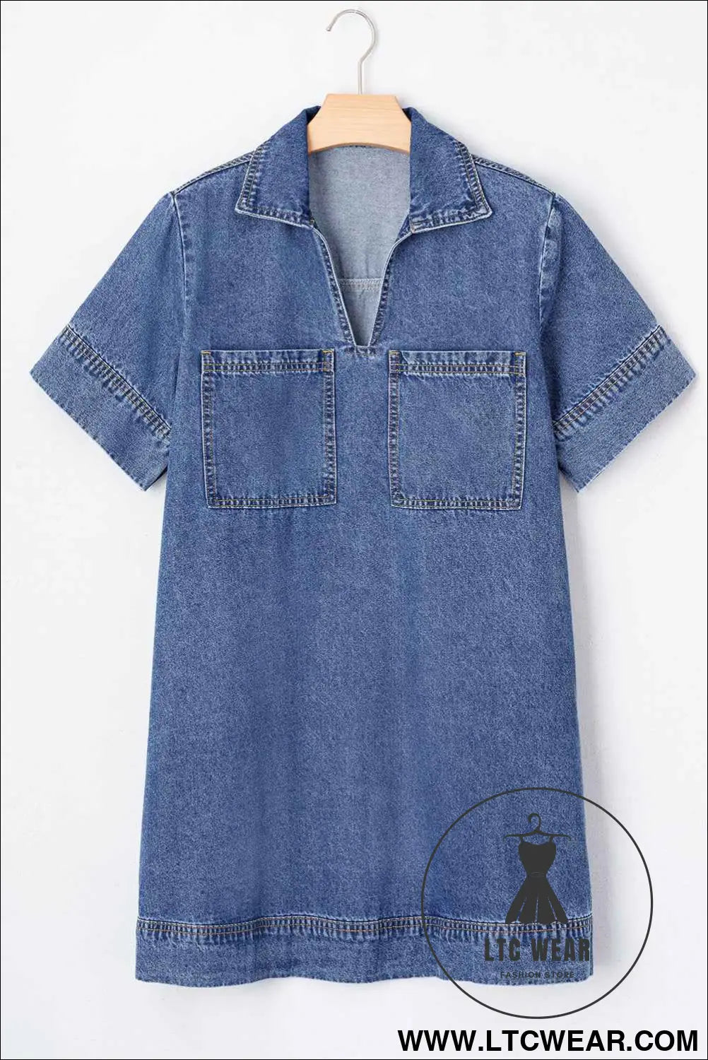 Blue Short Sleeve Collared Patched Pocket Denim Mini Dress