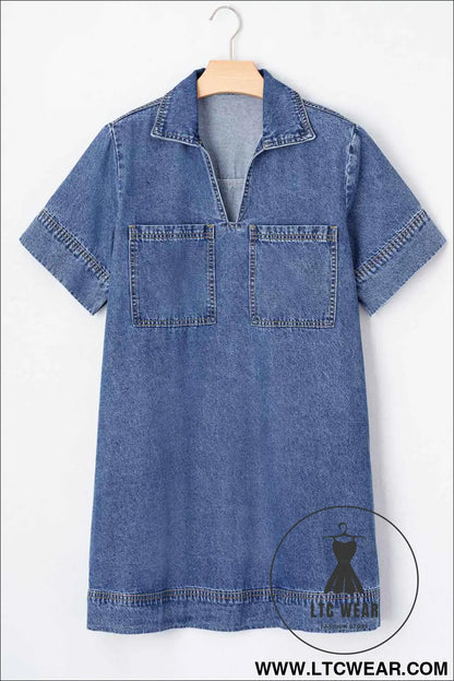 Blue Short Sleeve Collared Patched Pocket Denim Mini Dress