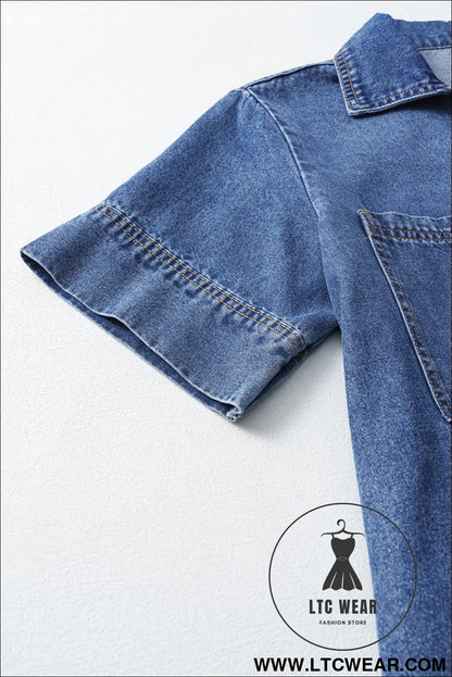 Blue Short Sleeve Collared Patched Pocket Denim Mini Dress - L.T.C Wear Online Fashion Store
