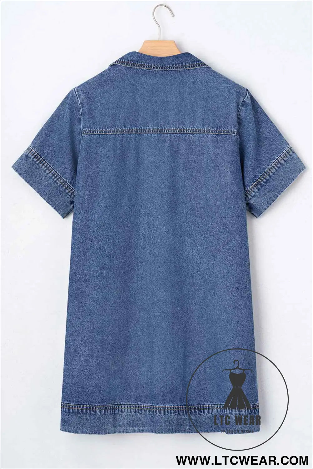Blue Short Sleeve Collared Patched Pocket Denim Mini Dress