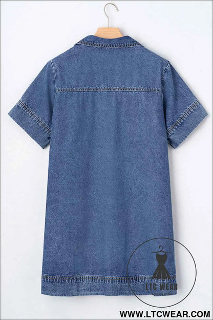 Blue Short Sleeve Collared Patched Pocket Denim Mini Dress