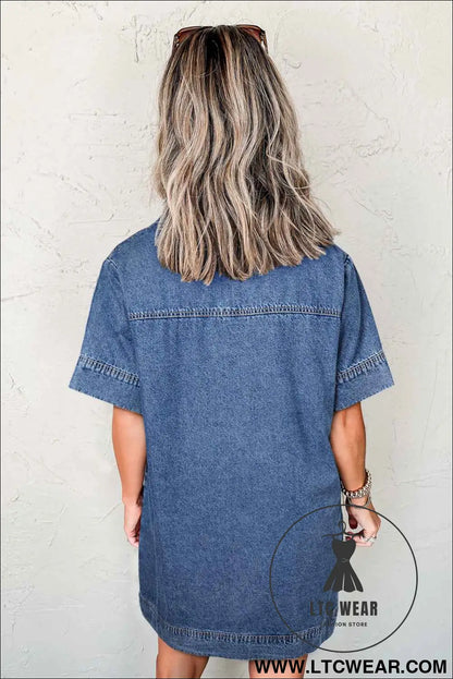 Blue Short Sleeve Collared Patched Pocket Denim Mini Dress