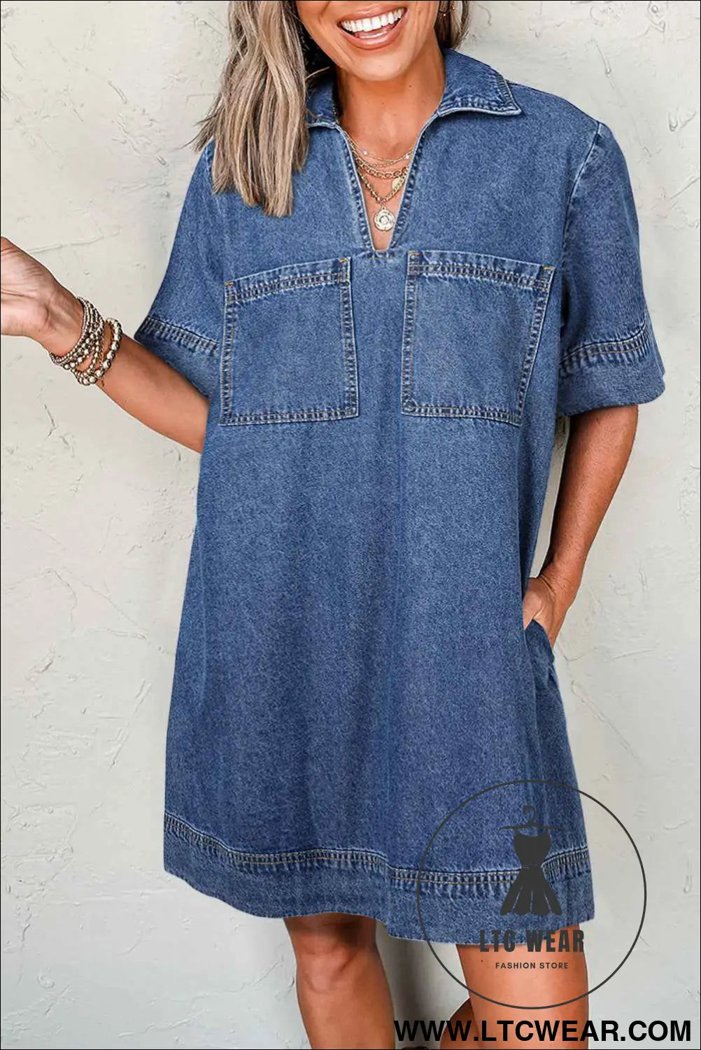 Blue Short Sleeve Collared Patched Pocket Denim Mini Dress