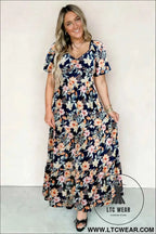 Blue Short Sleeve Smocked Detail High Waist Floral Maxi Dress