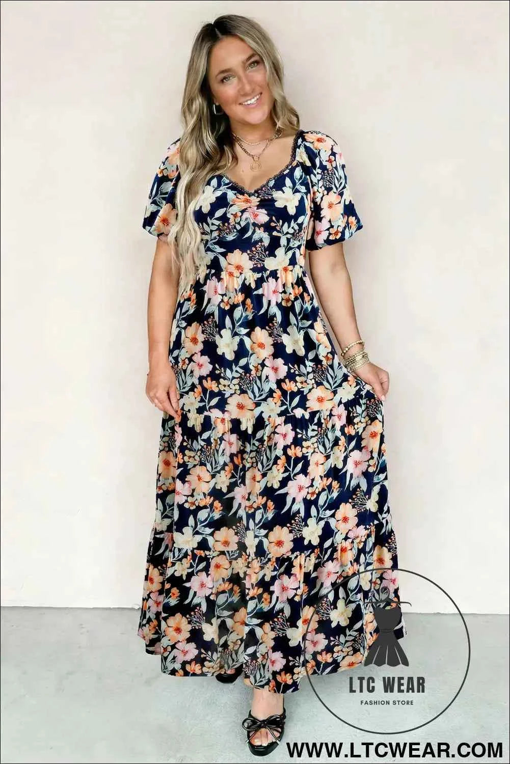 Blue Short Sleeve Smocked Detail High Waist Floral Maxi Dress