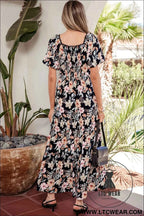 Blue Short Sleeve Smocked Detail High Waist Floral Maxi Dress