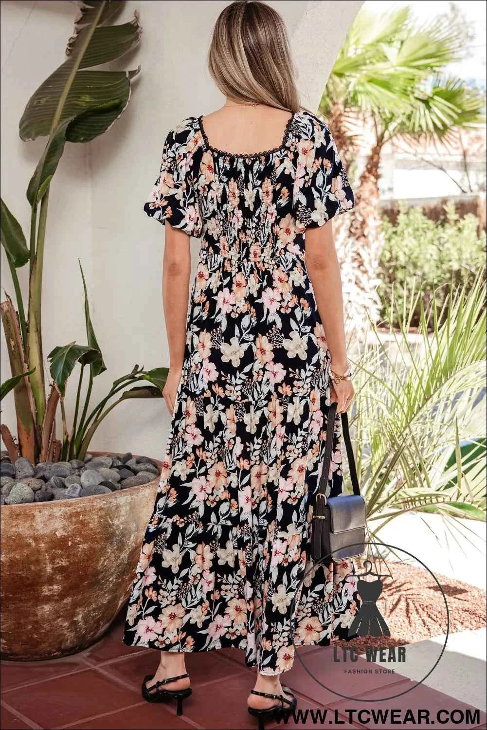 Blue Short Sleeve Smocked Detail High Waist Floral Maxi Dress