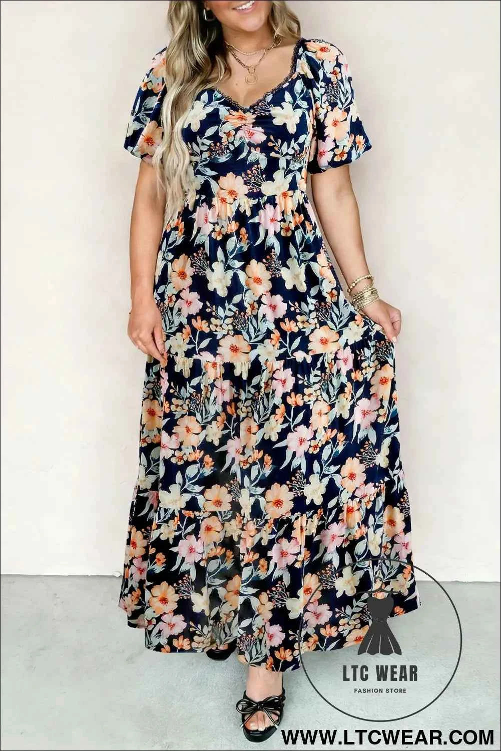 Blue Short Sleeve Smocked Detail High Waist Floral Maxi Dress