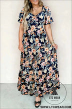 Blue Short Sleeve Smocked Detail High Waist Floral Maxi Dress