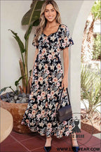 Blue Short Sleeve Smocked Detail High Waist Floral Maxi Dress