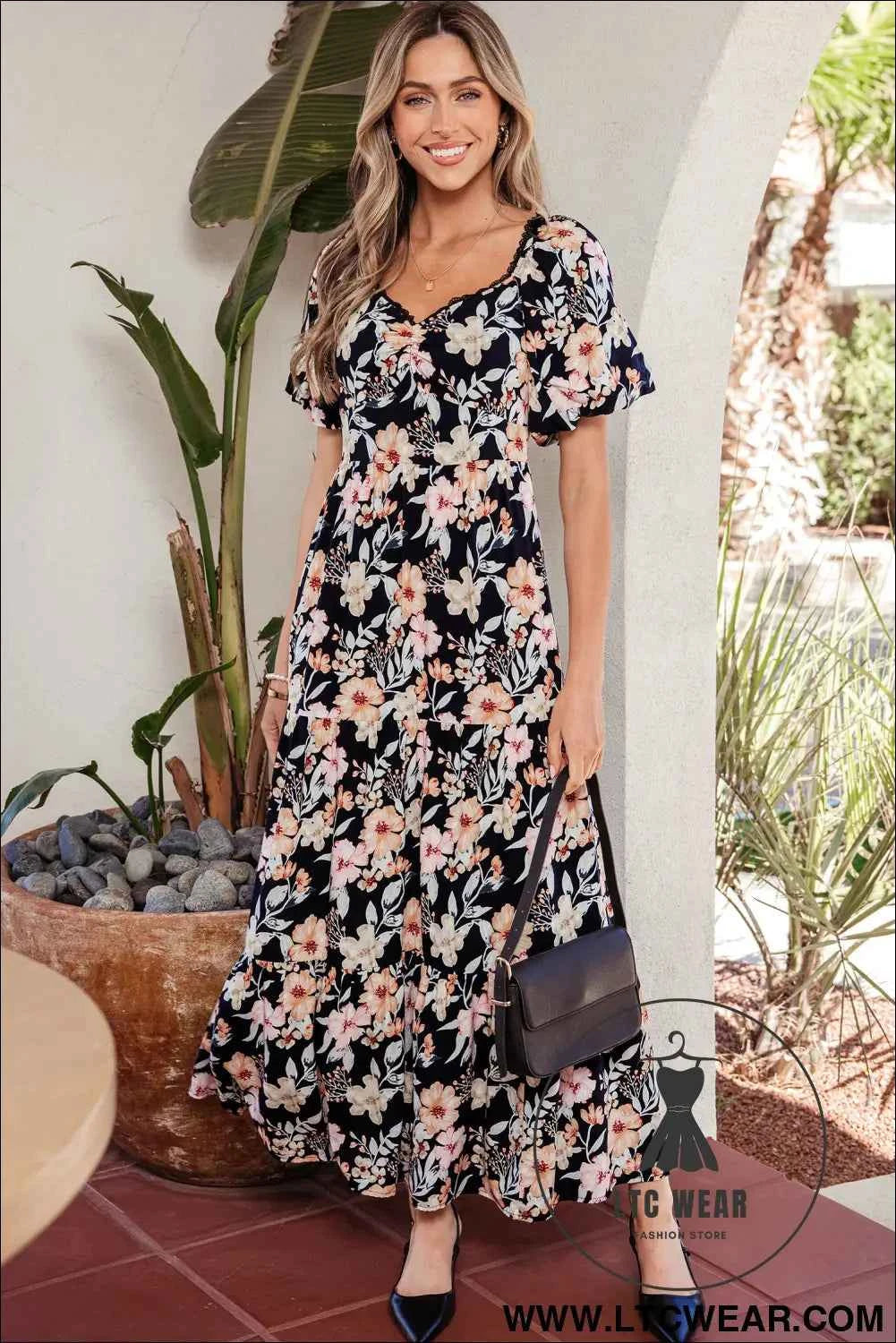 Blue Short Sleeve Smocked Detail High Waist Floral Maxi Dress