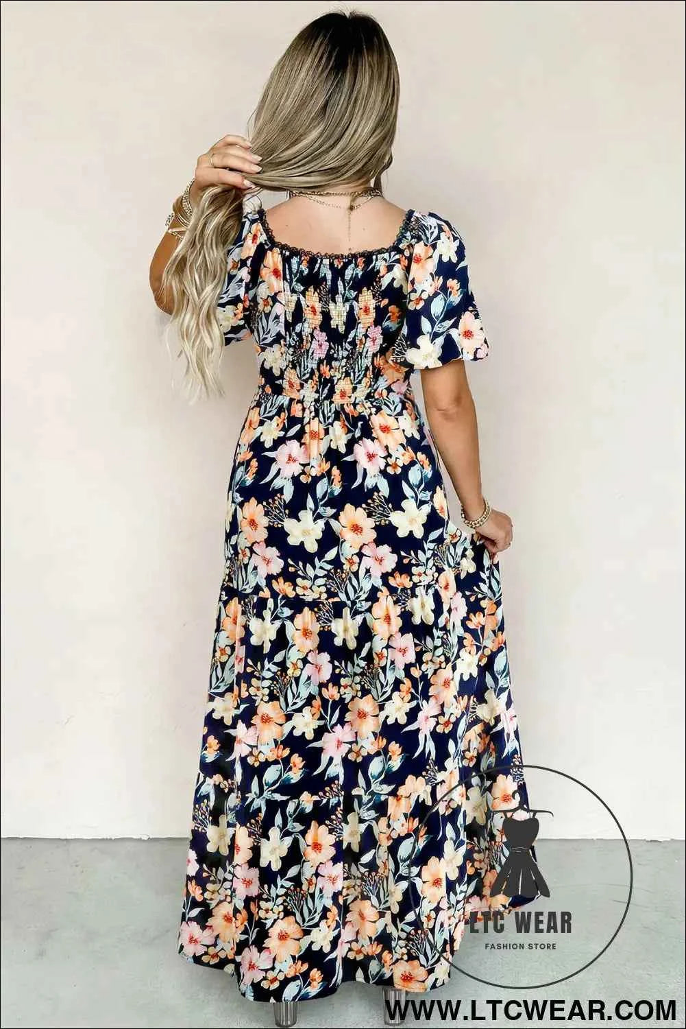 Blue Short Sleeve Smocked Detail High Waist Floral Maxi Dress