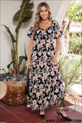 Blue Short Sleeve Smocked Detail High Waist Floral Maxi Dress