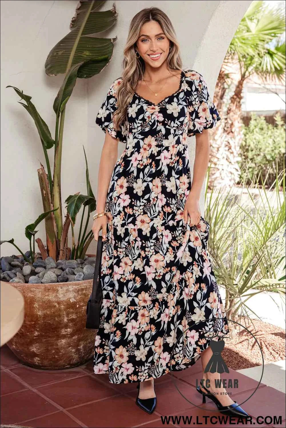 Blue Short Sleeve Smocked Detail High Waist Floral Maxi Dress