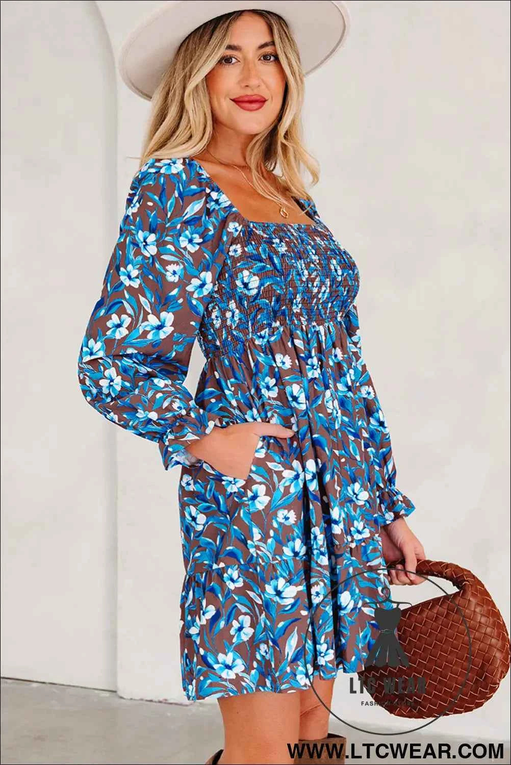 Blue Smocked Bodice High Waist Ruffled Sleeve Floral Dress
