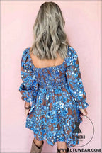 Blue Smocked Bodice High Waist Ruffled Sleeve Floral Dress