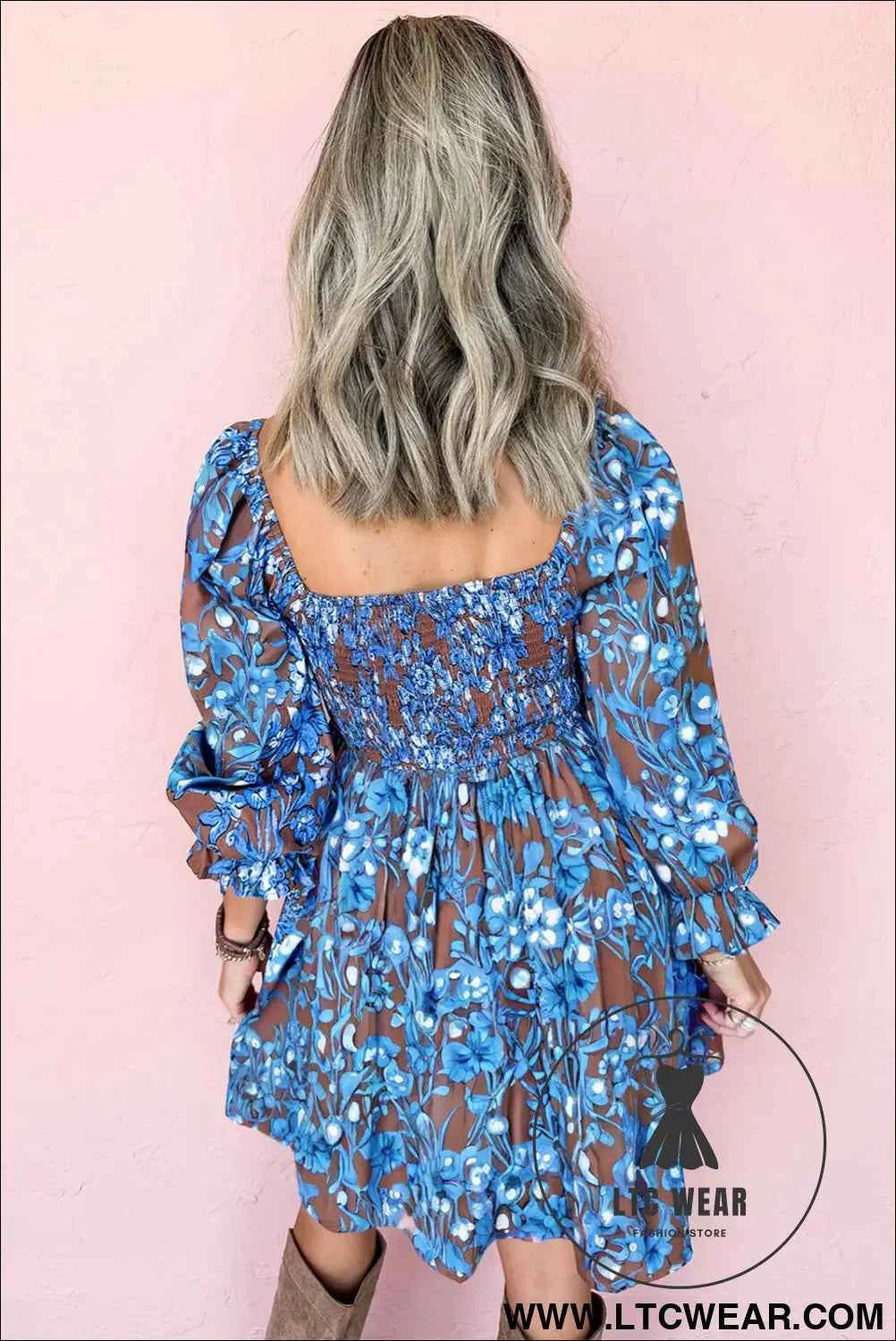 Blue Smocked Bodice High Waist Ruffled Sleeve Floral Dress