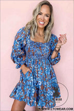 Blue Smocked Bodice High Waist Ruffled Sleeve Floral Dress