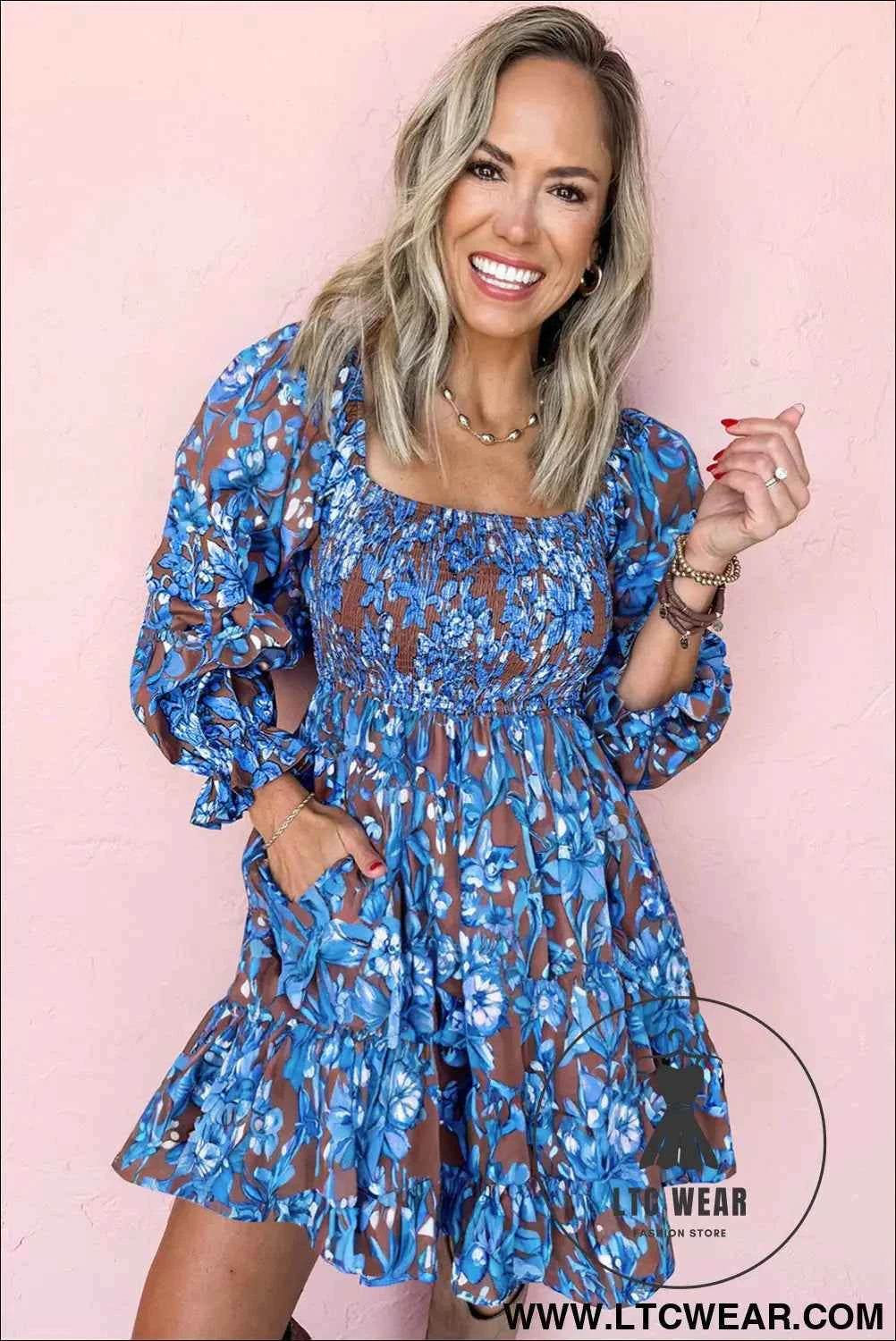 Blue Smocked Bodice High Waist Ruffled Sleeve Floral Dress