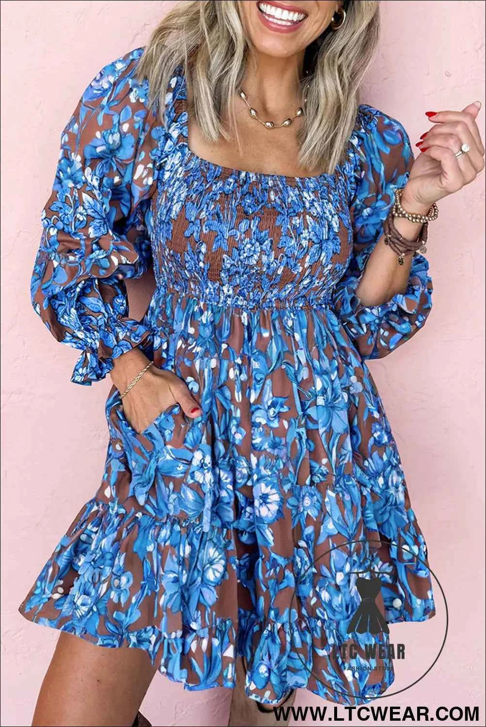 Blue Smocked Bodice High Waist Ruffled Sleeve Floral Dress