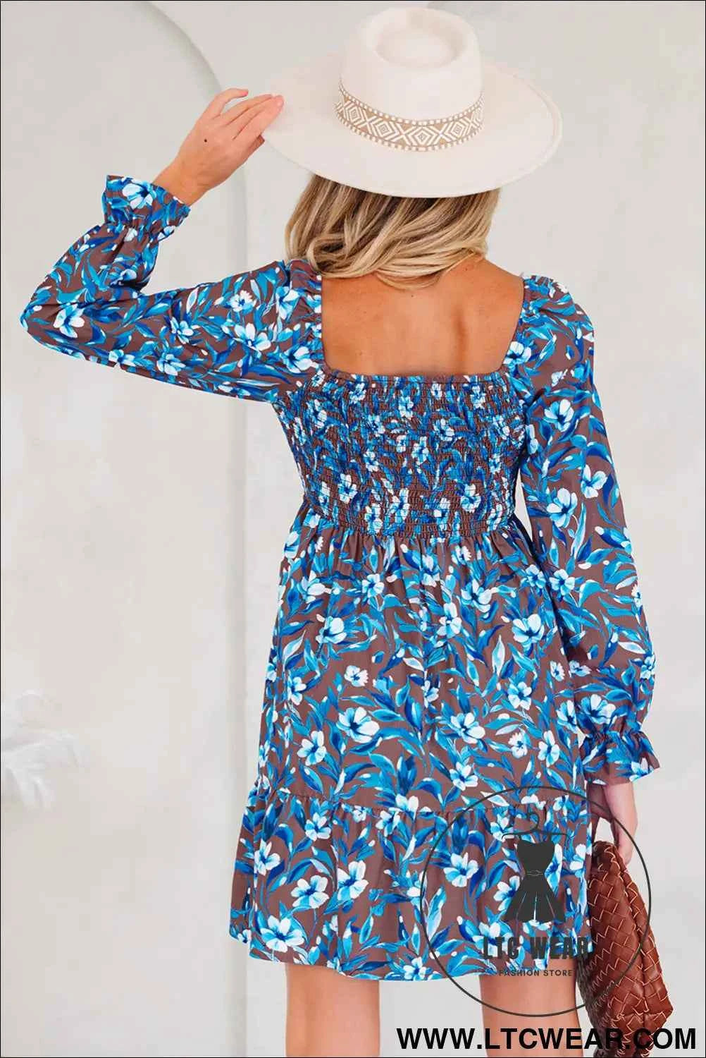 Blue Smocked Bodice High Waist Ruffled Sleeve Floral Dress