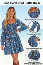 Blue Smocked Bodice High Waist Ruffled Sleeve Floral Dress