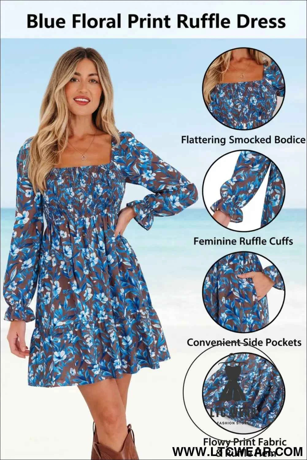 Blue Smocked Bodice High Waist Ruffled Sleeve Floral Dress