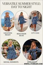 Blue Smocked Bodice High Waist Ruffled Sleeve Floral Dress
