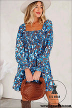 Blue Smocked Bodice High Waist Ruffled Sleeve Floral Dress