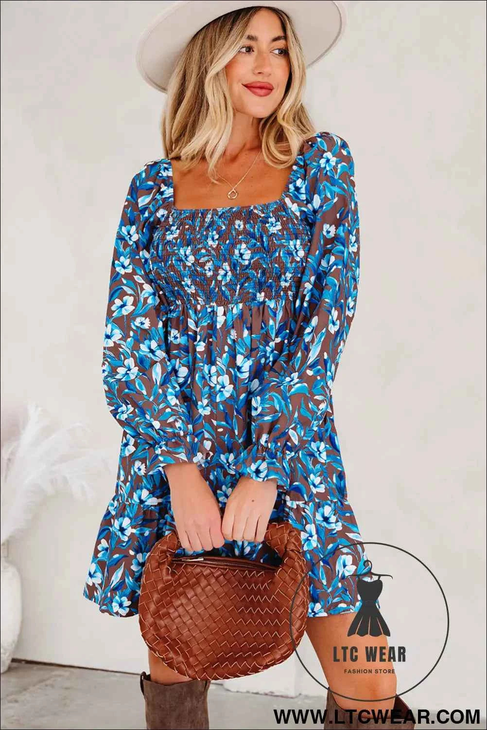 Blue Smocked Bodice High Waist Ruffled Sleeve Floral Dress