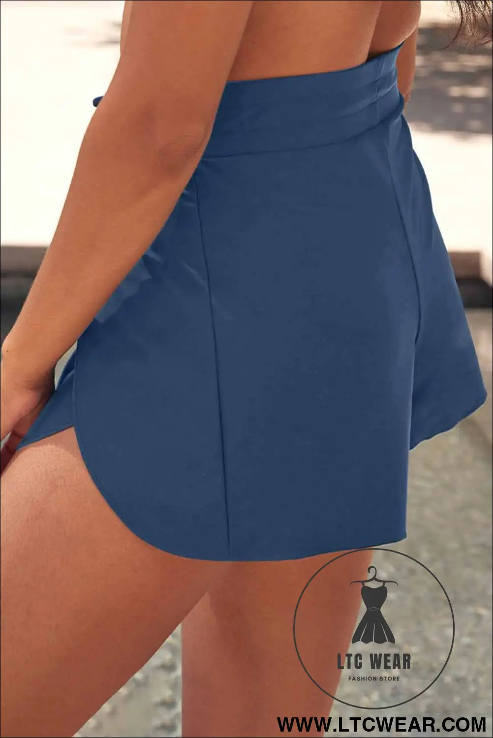 Blue solid color 2-in-1 drawstring elastic waist swim shorts - swim bottoms