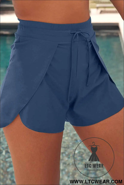 Blue solid color 2-in-1 drawstring elastic waist swim shorts - swim bottoms